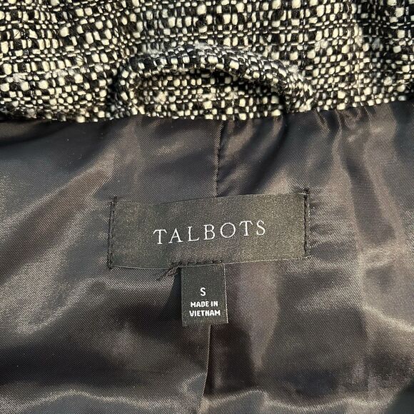 Talbots Down Filled Puffer Quilted Vest SMALL Black White Tweed Fabric Front - Picture 10 of 12